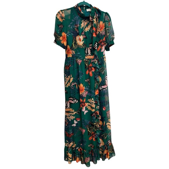Green Floral Butterflies Mock Neck Sheer Short Sleeve Ruffle Maxi Dress Small - Picture 1 of 10